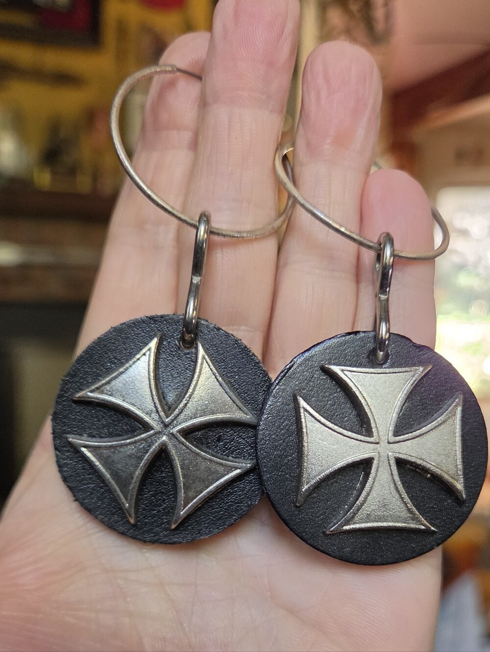 Black Leather Handmade Earrings wSilver Maltese Cross Emblem Silver Plated Hoop - Picture 3 of 6